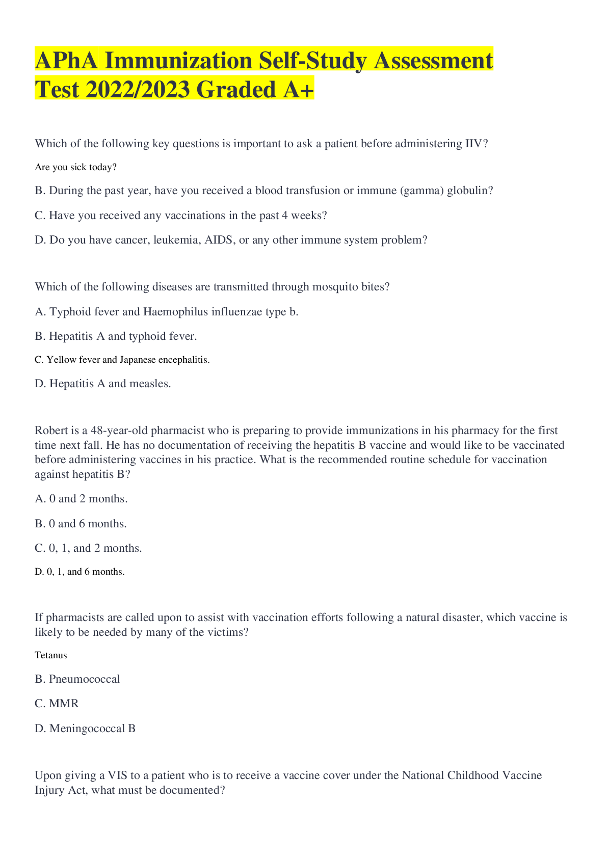 Preview of APhA Immunization Self-Study Assessment Test 2022/2023 Graded A+